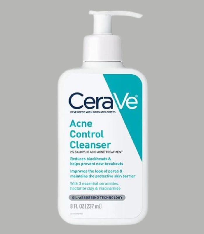 Blue pump bottle - CeraVe Acne Control Cleanser with Salicylic Acid. Gently removes dirt, oil, and dead skin cells to help prevent breakouts.