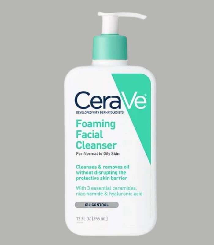 Blue pump bottle - CeraVe Foaming Facial Cleanser gently removes dirt, oil, and makeup without over-drying. Ideal for normal to oily skin.