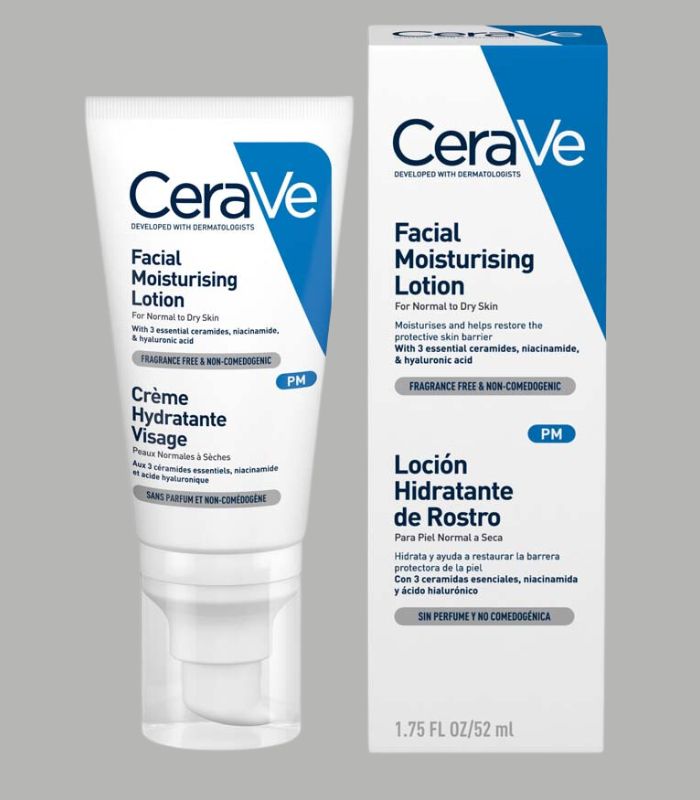 White pump bottle - CeraVe PM Facial Moisturizing Lotion. Lightweight, oil-free lotion hydrates throughout the night for a refreshed look in the morning.