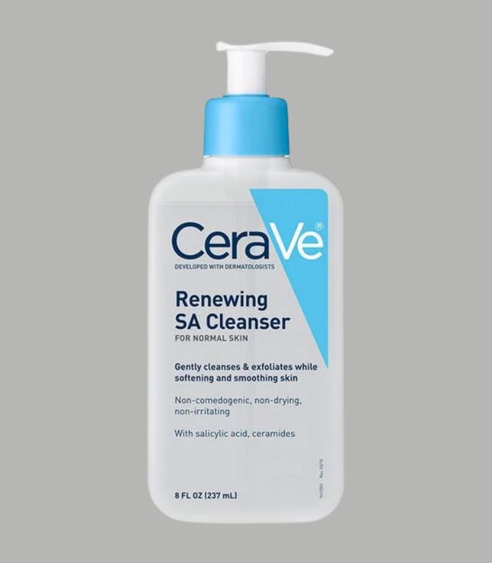 Blue pump bottle - CeraVe Renewing SA Cleanser, a facial cleanser with salicylic acid that gently exfoliates and smooths rough, bumpy skin.